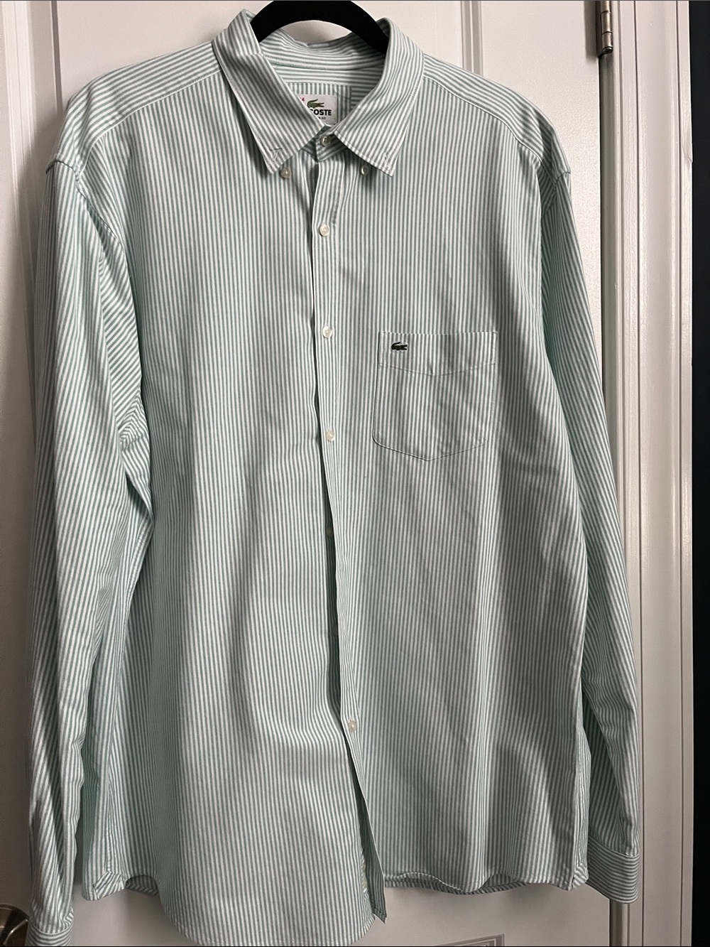 Lacoste Mint Green and White Pinstripe Button-Down Shirt